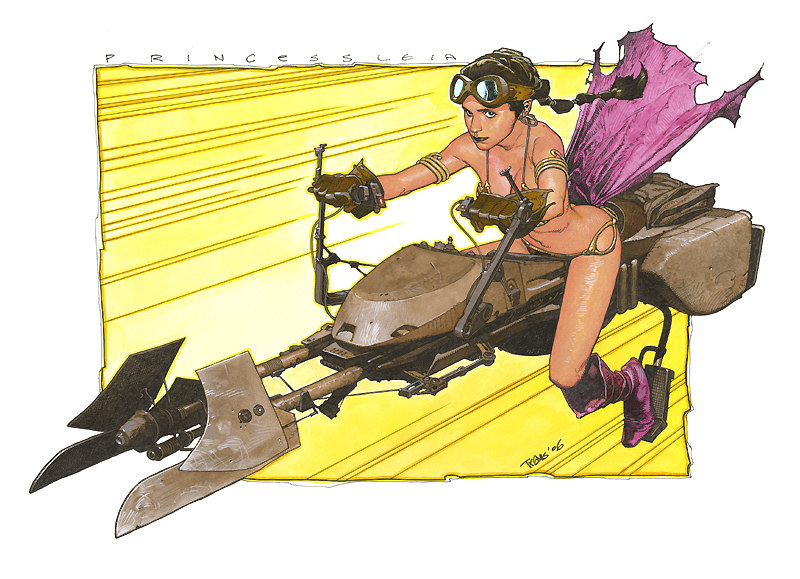 Princess Leia in her slave outfit ridding a speeder bike by Travis Charest